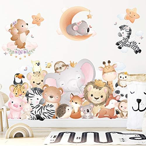 Cartoon Jungle Animal Elephant Giraffe Zebra Wall Stickers, ULENDIS Cute Vinyl Forest Animal Lion Monkey Zoo Wall Decals, DIY Removable Home Decoration Baby Nursery Girl Boy Kids Room Wall Decor 2 51M2j3CYApL. AC