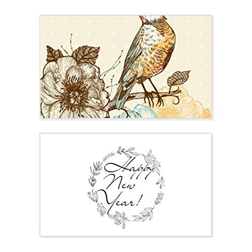 Tarjeta de Año Nuevo con pájaros y flores pintados a lápiz para mensajes de bendición únicos