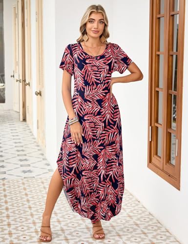 Image of JollieLovin Womens Plus Size Casual Summer Maxi Long Dress Short Sleeve T-Shirt Loose Sun Dress(L-5X)