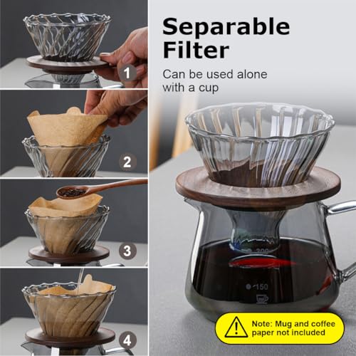 Image of Supvox Glass Coffee Dripper with Spiral Ridges High Borosilicate Pour-Over Set Bamboo Stand, Easy-Grip Handle Premium Coffee Accessories Set 2PCS Gift for Coffee Lovers