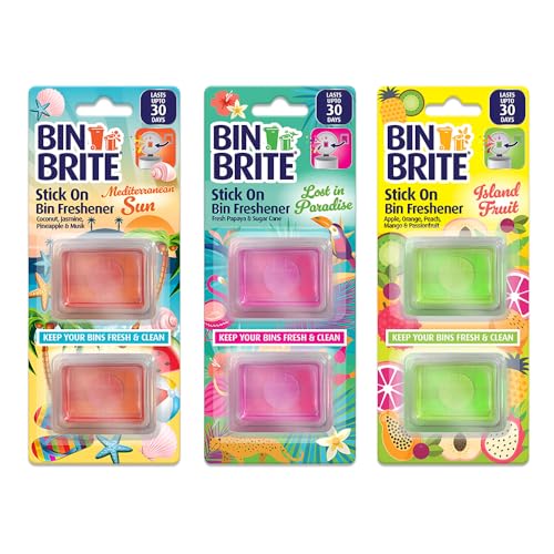 Bin Freshener Stick On 6 Pack Odour Eliminator & Deodoriser 2 Each Scents Mediterranean Sun Paradise Island Fruit Scent Long-Lasting Air Freshener for Bins Swing & Pedal Bins