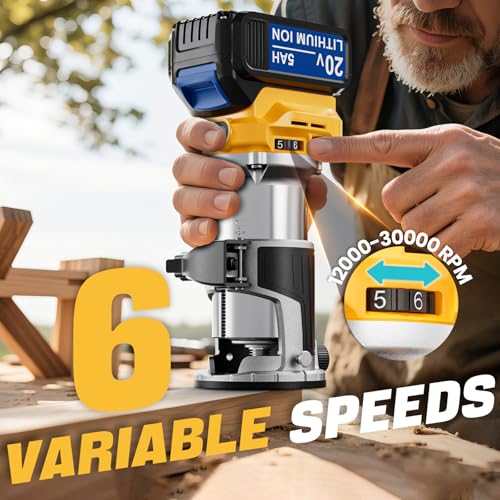 Cordless Compact Router Compatible with Dewalt 20V Battery, With 1 x 5.0Ah Rechargeable Battery, 6 Pcs Router Bits for Woodworking, Router With Trim Bits, Edge & Roller Guide