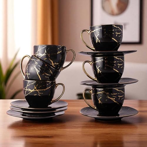 Image of Bone China Gold Line Diamond Cup with Saucer Set of 12 Pcs | Tea /Coffee Cups 200 ml | Microwave & Dishwasher Safe | Bone-Ash Free | Crockery Set Ideal for Daily Use & Gifting (Black)