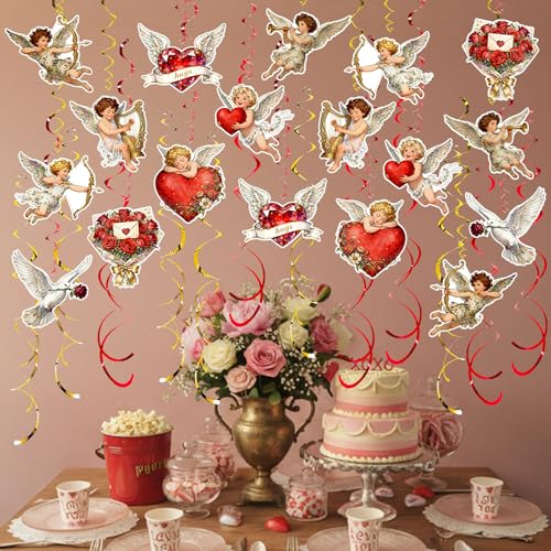 Image of Valentine's Cupid Party Streamers, 48 PCS Romantic Hanging Swirl Decorations - Angel, Heart & Rose Motifs for Valentine's Day, Weddings & Anniversary Parties