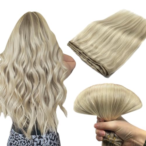 Image of DOORES Weft Hair Extensions Human Hair, 16 Inch 80g Ash Blonde Highlighted Platinum Blonde Sew in Hair Extensions Real Human Hair Highlights Hair Weft Extensions Sew in Hair Bundles