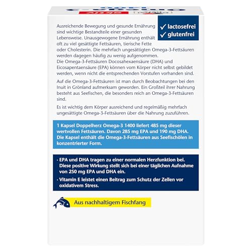Doppelherz Omega-3 1400 mg - Hochdosiertes Omega-3-Konzentrat plus Vitamin E - Hoher Gehalt an Omega-3-Fettsäuren EPA & DHA - 90 Kapseln