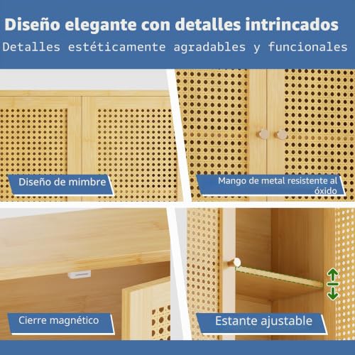 Miniatura 5 de Hitnet Armario Mural De Baño De Ratán, Mueble Colgante De Bambú Con Puertas Dobles Y Estantes Ajustables, Almacenamiento Sobre El Inodoro Para Cocina, Sala De Estar, Lavandería, Natural