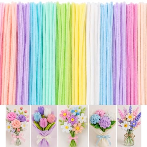 Image of Premium 100 Pcs Pipe Cleaners for DIY Craft Flowers Bouquet Fuzzy Chenille Stems & Fluffy Sticks for Arts & Crafts, Creative School Projects, Kids Craft Supplies, Home & Party Decor (Pastel Colours)