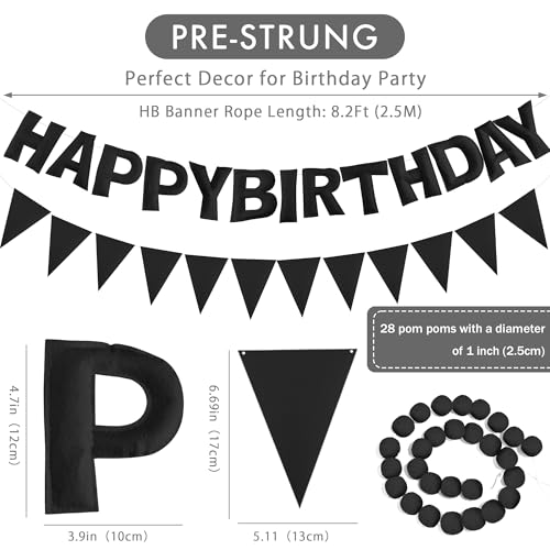 Image of CANREVEL Pre-Strung 3D Rainbow Happy Birthday Banner, 3 PCS Happy Birthday Felt Sign, Pom Pom Garland, Triangle Fabric Bunting, Colorful Reusable Birthday Decorations for Women Men Girls Boys, Black
