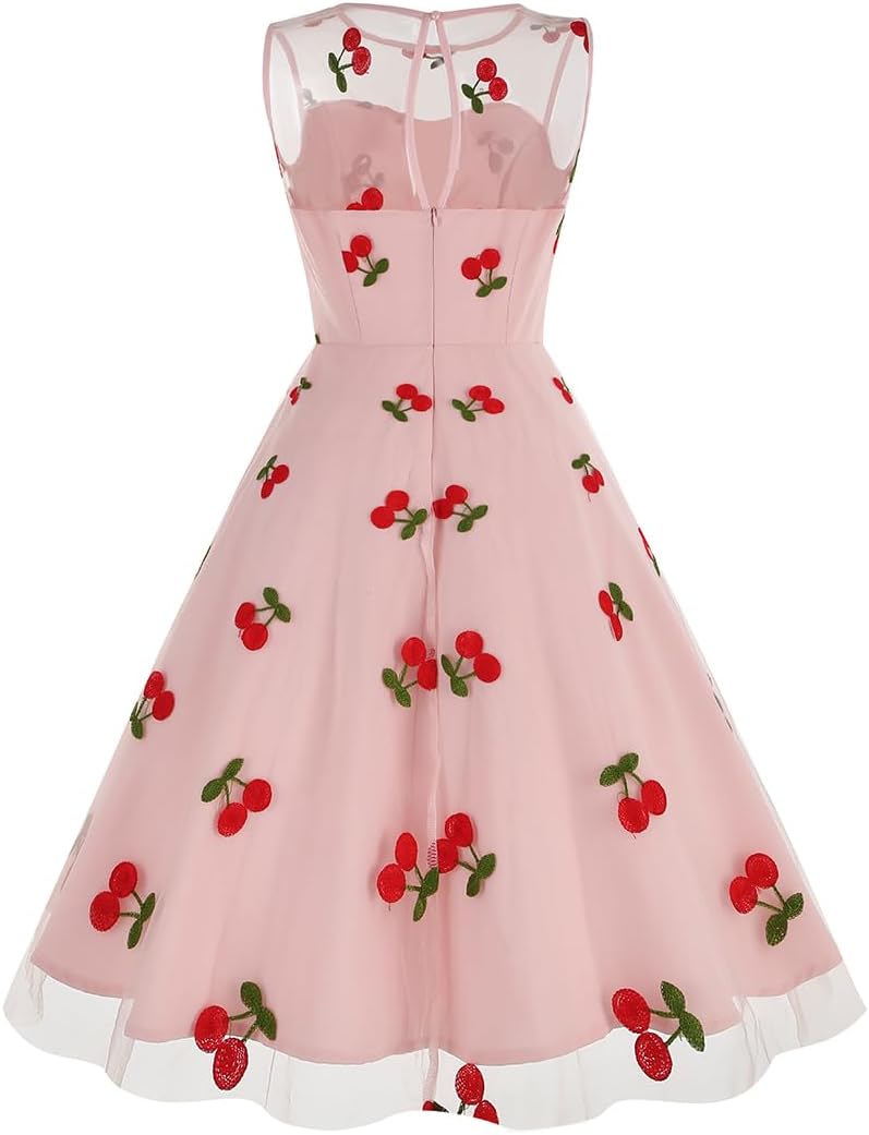 Cherry Print Dresses for Women Short Tulle Prom Dress Sleeveless 50 s Dresses for Women Vintage Cherry Dresses for Women Cocktail Dresses Wedding Guest Evening Formal Sheer Mesh Dress Pink Cherry XL - Image 3