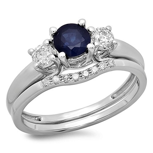 Dazzlingrock Collection 14K 5 Mm Round Blue Sapphire & Diamond Bridal 3 Stone Engagement Ring Set, White Gold, Size 4.5 #TOP15