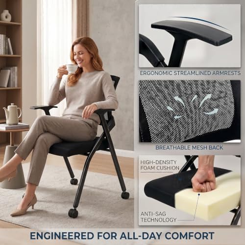 Image of 30 Pack Folding Office Chair W / Wheels, Heavy Duty Conference Room Chair | Nesting Rolling Training Chairs, Lumbar Support, Mesh back, Padded Seat, Meeting, Commercial Guest Reception, Classroom