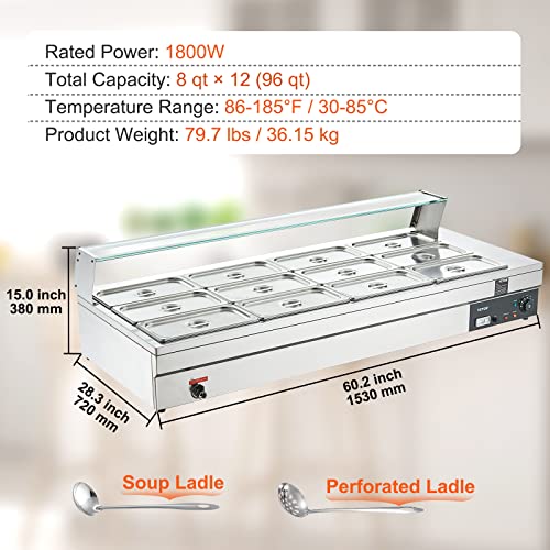 Image of VEVOR 12-Pan Commercial Food Warmer, 12 x 8QT Electric Steam Table with Tempered Glass Cover, 1800W Countertop Stainless Steel Buffet Bain Marie 86-185F Temp Control for Catering, Restaurant, Silver