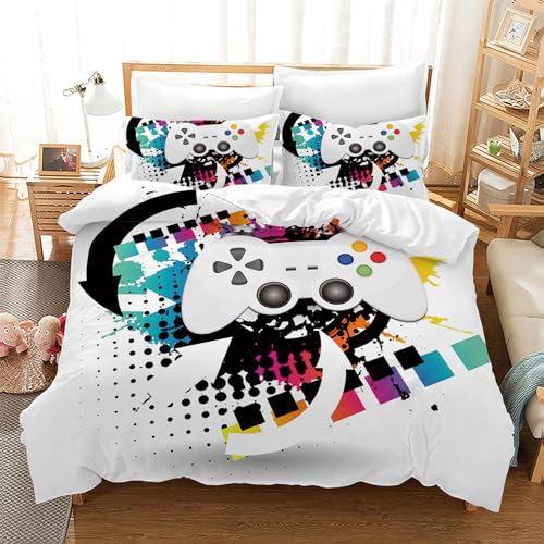 Leleyouzer Housse de Couette Gamer 200 × 200 cm pour Enfants,Parure de lit Gamer en Microfibre,Motif Gamepad 3D,1 Housse de Couette + 2 Taies d'oreiller 50 x...