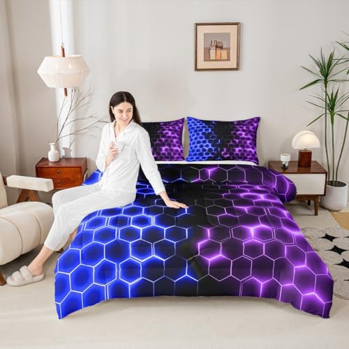 Image of Feelyou Blue Purple Honeycomb Bedding Set Fluorescent Geometric Honeycomb Comforter Set Beehive Hexagon Comforter for Boys Girls Geometric Duvet Set Queen Size Quilt 3Pcs Boys