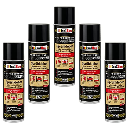 Isolbau Sprühkleber 5 x 500 ml - Extra starker Kleber für Heimwerk & Industrie - Klebe-Spray für Schaumstoff, Holz, Stoff, Leder, Filz uvm