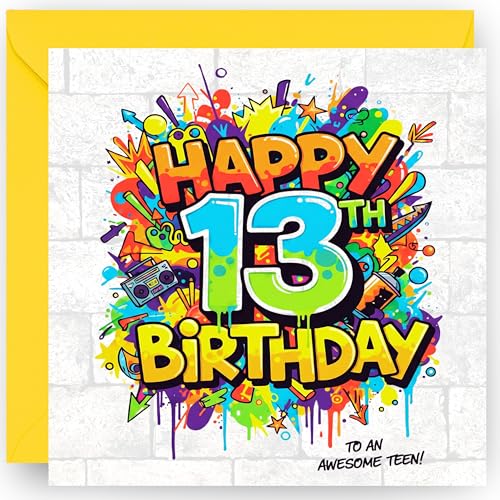 13th Birthday Card Gift for Boys and Girls Graffiti Style Design - Happy 13 Years Old Official Teenager Greeting Card with Vibrant Yellow Envelope - Size 14cm