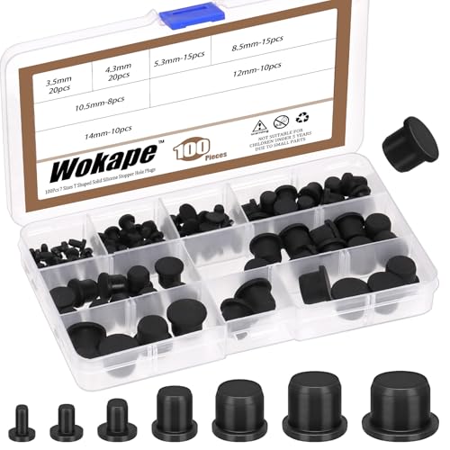 Wokape 100Pcs Black High Temp Silicone Plug Mount Set, 7 Sizes of Dia T-Shaped Solid Rubber Stopper Hole Plugs for Powder Coating Plating Waterproof Sealing Plugs Pipe Holes Test Tube Plugs