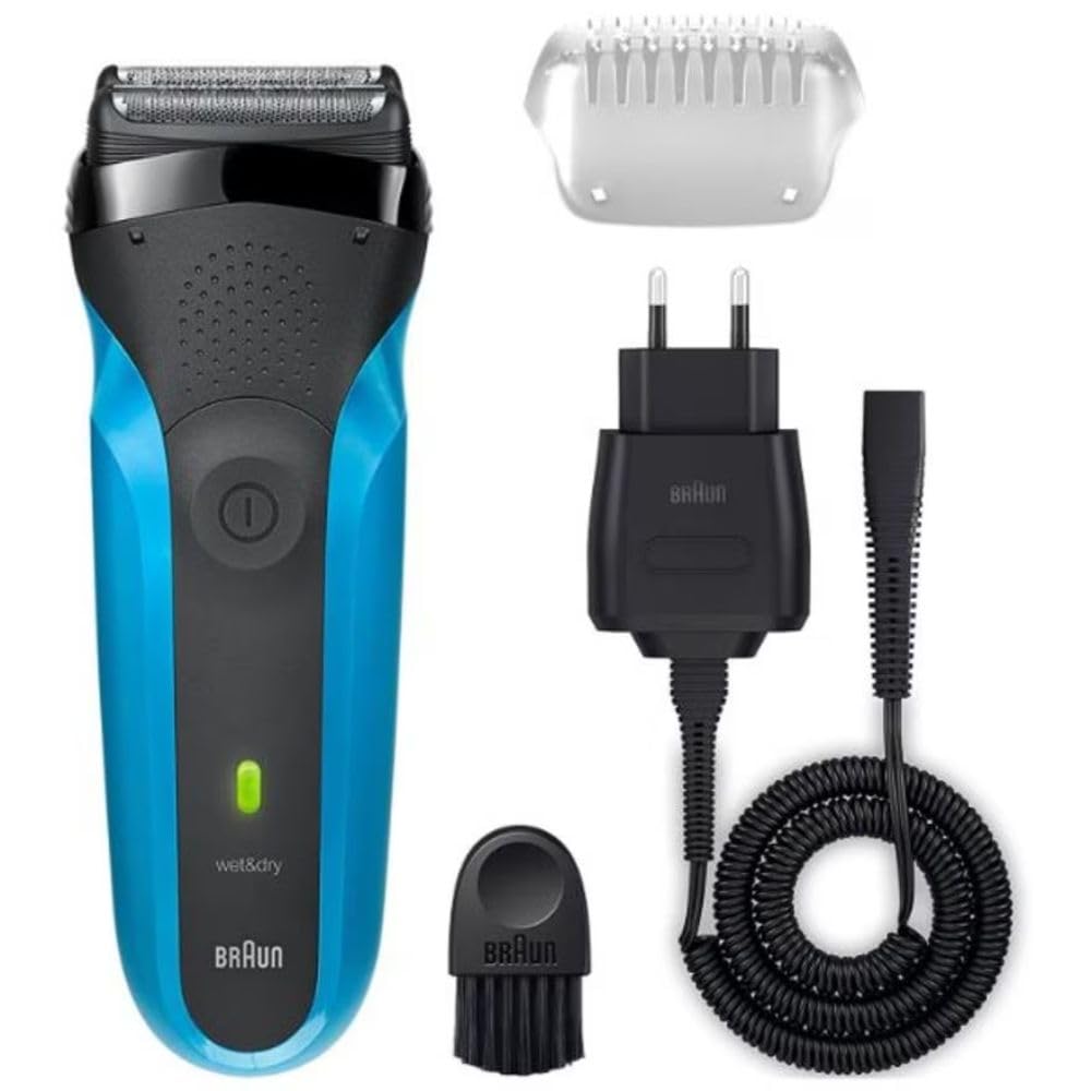 Braun Series 3 męska golarka elektryczna z 3 elastycznymi ostrzami, 30 minut pracy baterii, elektryczna golarka do golenia na mokro i sucho dla mężczyzn – 310s, niebieska