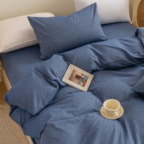 Image of ECOCOTT Denim Blue Duvet Cover Queen Size, 100% Washed Cotton 1 Duvet Cover with Zipper and 2 Pillowcases, Ultra Soft and Easy Care Breathable Cozy Bedding Set (Denim Blue, Queen)