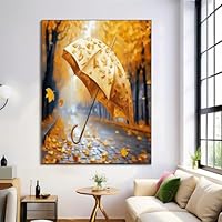 Canvas Wall Art 60X80Cm 1-Piece Umbrella Street Large Canvas Prints - Mustard Yellow Art Deco Pictures For Bedroom Walls- Home Decor Wall Pictures For Living Room - Autumn Forest