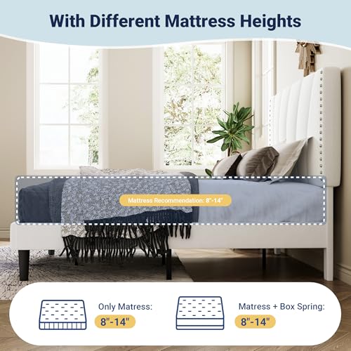 Image of Allewie Full Size Velvet Platform Bed Frame with Adjustable Headboard White | Height-Adjustable Velvet Headboard, Rivet-Style Nailhead Trim, Wooden Slat Support, No Box Spring Needed, Easy Assembly