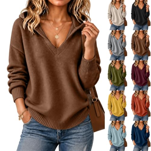 Cashmere Sweaters for Women V Neck Knit Pullover Hoodies Chocolate Brown L - image 1