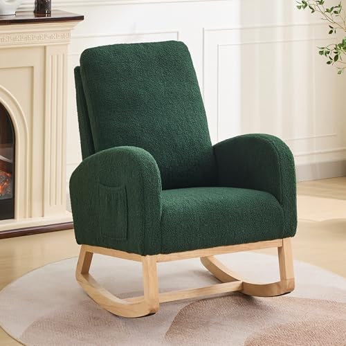 Image of Rocking Chair Nursery, Glider Rocking Accent Chair with Wood Legs, High Back Pocket Modern Upholstered Nursery Chair, Comfy Accent Rocker Armchair for Living Room Bedroom, Sherpa Green