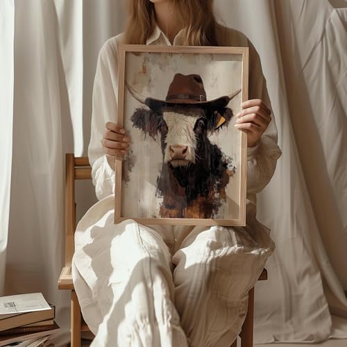 Image of aj decor Highland Cow Cowboy Hat Wall Art Print Poster, Dog Pet Lover Picture Painting Artwork Bedroom Living Room Office Dining Room 151D (Highland Cow Cowboy Hat, 11 inch W x 14 inch L, Wood Frame)