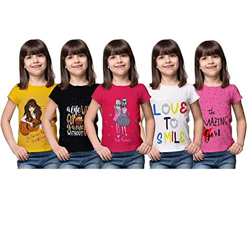 Image of Grils Printed Cotton Half Sleeve Regular Fit Casual t-Shirts Set Combo (Pack of 5)