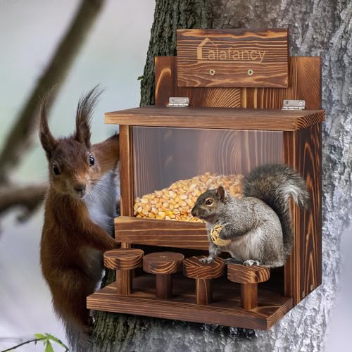 Lalafancy Carbonized Squirrel Feeder Nuts Bar, Large Squirrel Feeders for Outside Tree Funny Wooden Chipmunk House Box for Garden Backyard, Stable Squirrels Bar Stools - Thumbnail 3