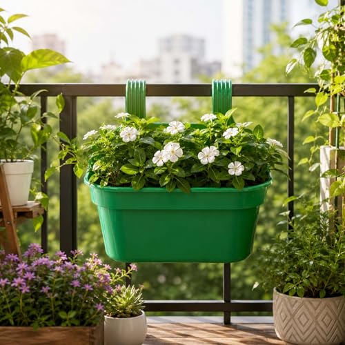 Image of Go Hooked 12 Inch Plastic Railing Hanging Planter Pot Set of 5 | Rectangular Flower Pots with Double Hook for Garden Fence Balcony Indoor Outdoor Home Decor | Durable Plant Container (Green)