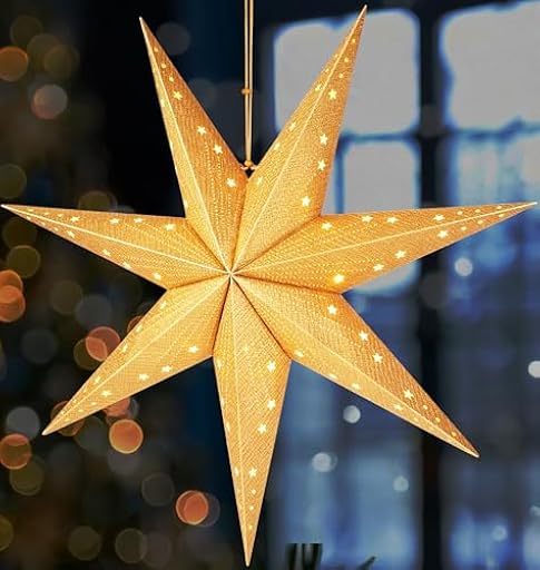 BRUBAKER Estrella de Navidad Colgante con Casquillo E14 - Set de Estrella de Papel de 60 cm con 3,5 m de Cable - Estrella de Adviento 3D - Decoración de Ventana Estrella de Luz Colgante - Dorada | Ya disponible en tu tienda friki favorita! En mundofriki.es!