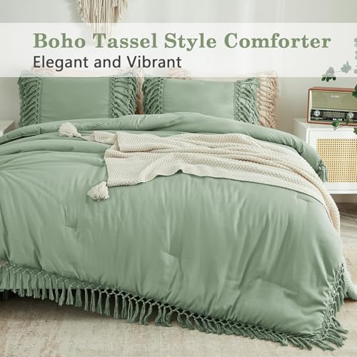 Image of Andency Full Size Comforter Set Sage Green, 3 Pieces Boho Tassel Lightweight Vintage Soft Bedding Comforter Sets, All Season Fluffy Fringe Bed Set (79x90In Comforter & 2 Pillowcases)