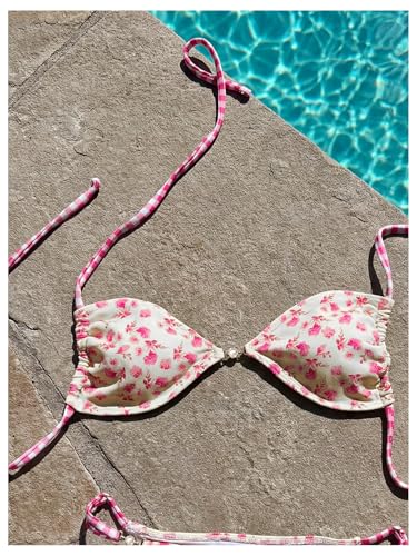 Image of Women's Floral Print Cheeky Bikini Sets Pearl Decor Halter Triangle High Cut String Thong Swimsuits