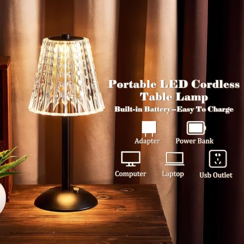 Image of Liliful 2 Pcs Cordless Table Lamp Rechargeable Touch LED Small Gold Portable Battery Operated USB-c Desk Lamp 3 Color Dimmable for Bedroom Living Room Dining (Black,Classic Style)