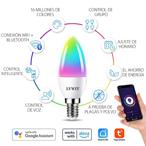 LVWIT Bombillas Inteligente E14, Compatible con Alexa, Google Home Assistant y Smart Life/Tuya App, Bombilla Wi-Fi Vela 5W 470 Lm, Bombilla Regulable LED C37 Equivalente a 40W - 4 Unidades. - imagen 2