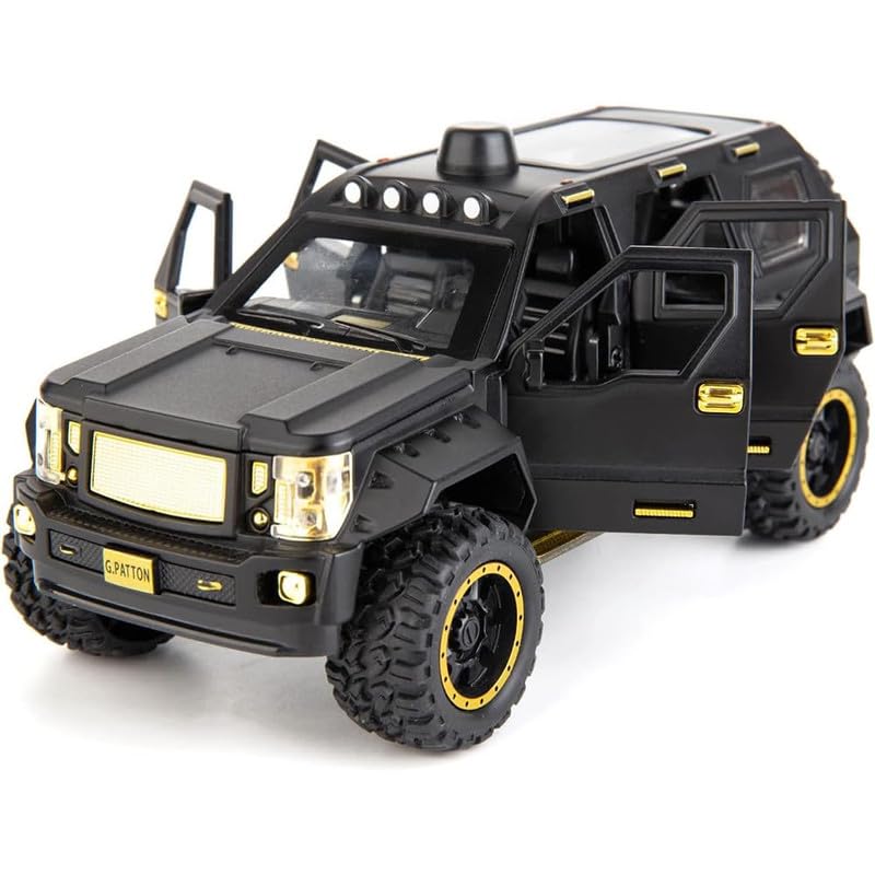 Image of Kids Model 1:24 Pattong Die Cast Metal Car Pull Back Action Opening Doors with Realistic Engine Sound Lights Toy Car Gift for Boys - Black
