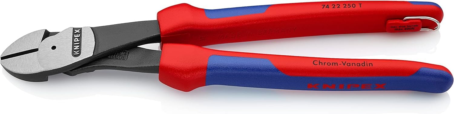 KNIPEX Alicates de corte diagonal de fuerza con fundas multicomponentes, con anilla de fijación integrada para colocar, 74 22 250 T | Con ojal de fijación integrado para fijar un protector contra caídas
