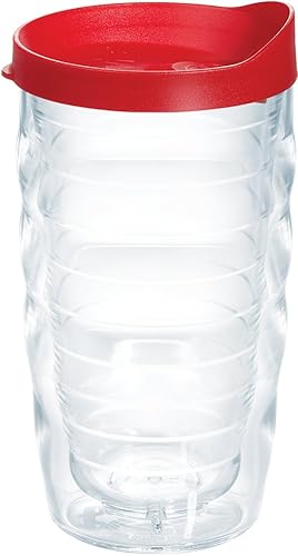 Tervis - Vaso aislado de doble pared transparente y colorido fabricado en Estados Unidos, mantiene las bebidas frías y calientes, 10 onzas, tapa roja