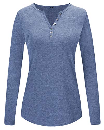 OUGES Womens Long Sleeve V-Neck Button Causal Tops Blouse T Shirt(Blue,L)