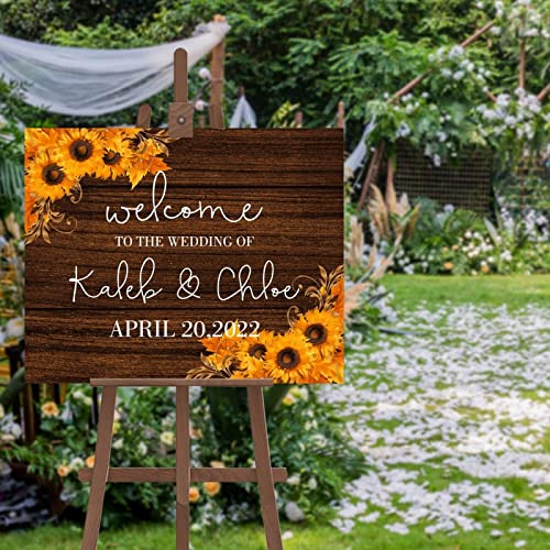 Panneau de bienvenue en bois mariage personnalisé jaune avec tournesol