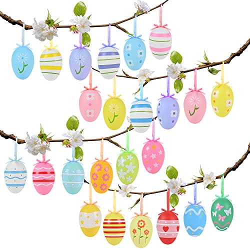 AhfuLife 24 pcs Huevo de Pascua Colgante, Huevo de Pascua Decoración para el Arbol, Huevos de Pascua de Plástico de Colores, Huevos de Pascua Reuniones Familiares (Huevos de Pascua -24pcs)