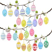 24 Uova Di Pasqua In Plastica Dipinte 6x4 Cm - Decorazioni Appese Con Punti E Fiori Per Albero, Casa E Scuola