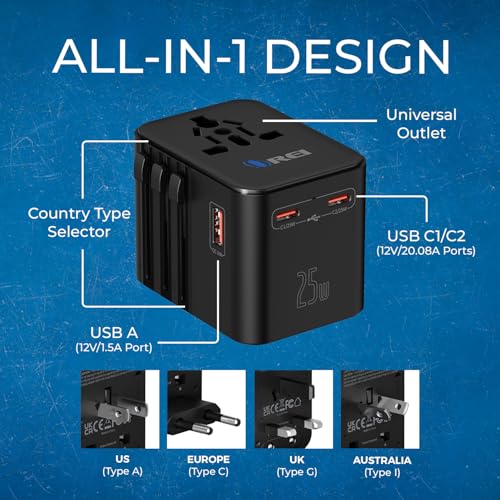 Image of Orei 25Watt Universal Charger Adapter | 2X USBC 1XUSB A - 4-in-1 International Travel Adapter | Universal Travel Adapter Compatible 150+ Countries | Type C, A, G, I Compatible, Black