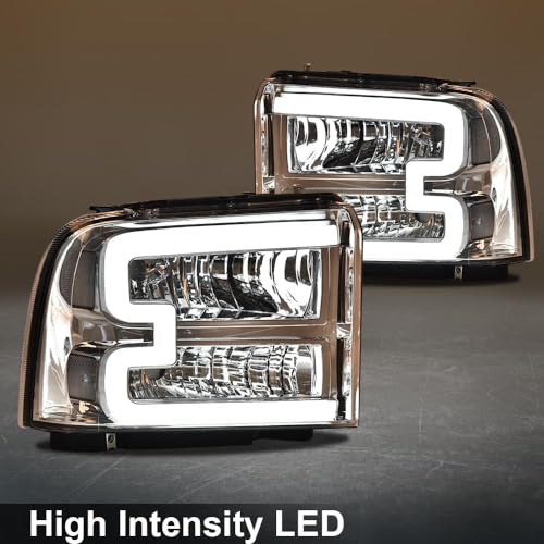 Image of GRAND ORANGE LED DRL Headlights Assembly Compatible with 2005-2007 Ford F250 F350 F450 F550 Super Duty Fit 2005 Ford Excursion Clear Lens Chrome Housing Clear Reflector