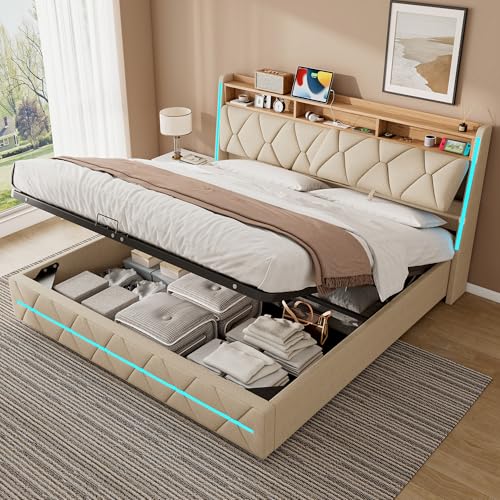 ZUUYEE Doppelbett Polsterbett 180x200 mit LED, USB C, Hydraulische Bett mit Stauraum und Kopfteil, Bettgestell mit Metallrahmen Bettkasten und Lattenrost, Bett 180x200, Beige, Leinen, ohne Matratze