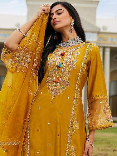 Image of INDO ERA Women's Silk Blend Embroidered Straight Kurta Pant with Dupatta (Ieout6967)