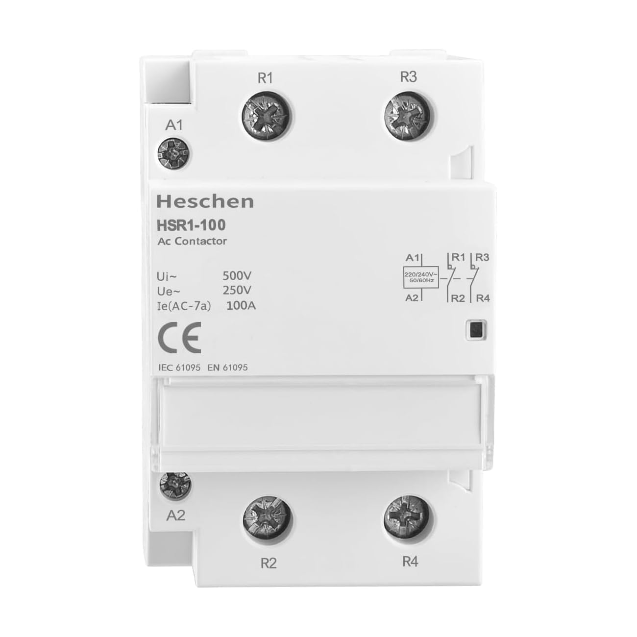 Heschen Household AC Lighting Contactor Switch, HSR1-100, Ie 100A, 2 Pole, Two Normally Closed, AC 220V Coil Voltage, 35mm DIN Rail Mount