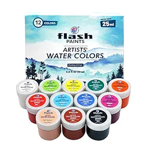 Flash Artist Watercolour Set | 12 Colors | 25 ml, 0.8 fl oz Each | Matt Finish | Rich Pigments, Vibrant, Non Toxic Paints for The Professional Artist, Hobby Painters & Kids